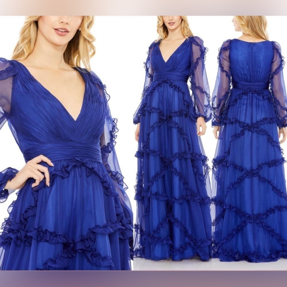 NWT Mac Duggal [ 10 ] Cascade Ruffle Puff Sleeve A Line Gown Sapphire #A68223